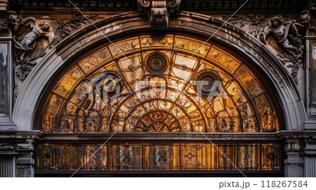 A Venetian entablature with intricate glasswork reflects the golden hour, casting a warm glow over the canal. 118267584