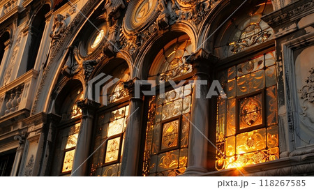 A Venetian entablature with intricate glasswork and filigrees reflects golden hour in a mesmerizing dance. 118267585