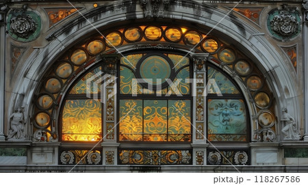 A Venetian entablature with intricate glasswork reflects golden hour hues, evoking timeless elegance. 118267586