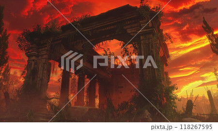 A partially collapsed, overgrown structure silhouettes against a blood-red sunset, creating an eerie scene. 118267595