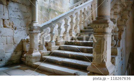 The Romanesque stone balustrade boasts a simple, robust design, showcasing timeless craftsmanship. 118267636