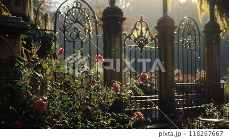 Victorian archivolts and intricate ironwork grace a garden with enchanting, dew-kissed climbing roses. 118267667