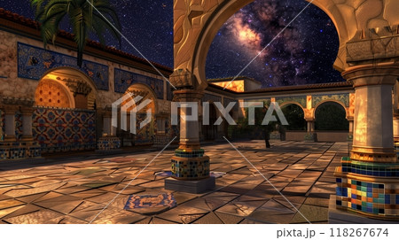 Moorish horseshoe arches with vibrant tile mosaics in a serene starlit courtyard create a tranquil ambiance. 118267674