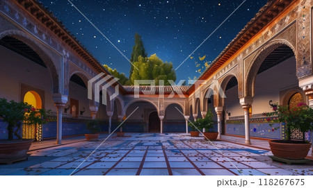 Moorish horseshoe archways and vibrant mosaics grace a serene courtyard, inviting contemplation. 118267675