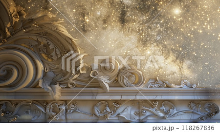 A romantic entablature with dreamy carvings and swirls, enveloped in starlight, creating a celestial tapestry. A romantic entablature with dreamy carvings and swirls, enveloped in starlight, creating a celestial tapestry. 118267836