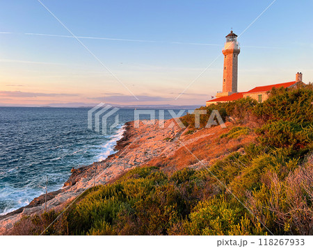 Lighthouse Stoncica at sunset light on island Vis, Croatia Lighthouse Stoncica at sunset light on island Vis, Croatia 118267933