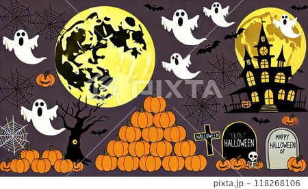 ハロウィン背景素材壁紙,ハロウィーン,ハロウィン,満月,カボチャ,かわいい,宇宙,銀河 118268106