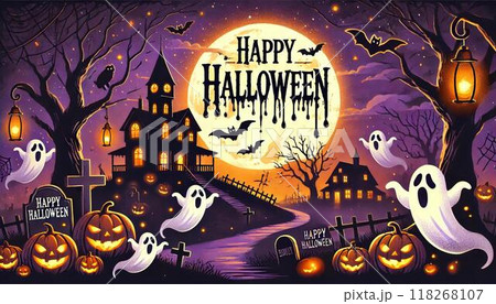 ハロウィーンのかぼちゃがハロウィン背景に黒猫がいるハロウィーン 118268107