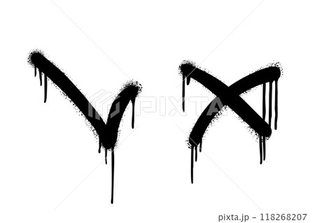 Spray painted cross and tick marks graffiti set. Signs yes and no brush drawing. Checkmark and x black vector illustration isolated on white background. Urban art. Business presentation elements 118268207