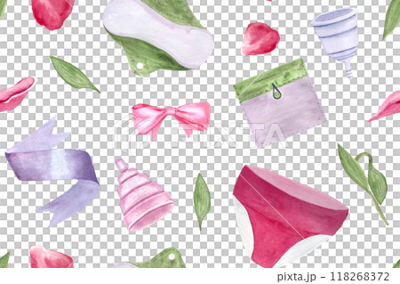 Reusable period pad, cups, pantie watercolor seamless pattern isolated on white. Perfect for menstrual care design, advertisements, packaging, cards, banners. Hand drawn art in pink, grey, green tones 118268372