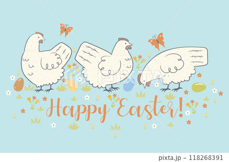 Greeting card with with chickens and flowers and the inscription Happy Easter. Vector graphics. 118268391