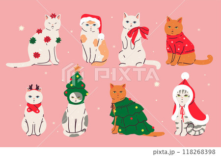 Set of cute cats in Christmas clothes. Vector graphics. 118268398