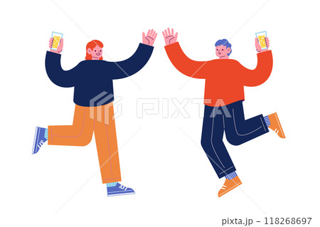 飲み物を持ち、祝日を祝うパーティーを一緒に楽しむ陽気な友人達。笑顔でダンスを踊る幸せな人々。漫画のキ 飲み物を持ち、祝日を祝うパーティーを一緒に楽しむ陽気な友人達。笑顔でダンスを踊る幸せな人々。漫画のキ 118268697