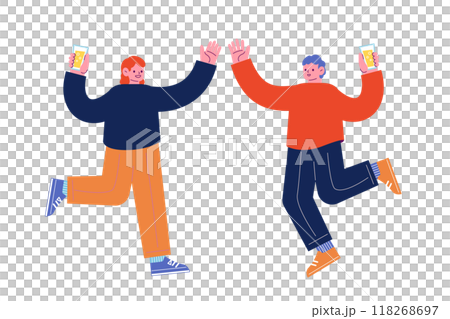 飲み物を持ち、祝日を祝うパーティーを一緒に楽しむ陽気な友人達。笑顔でダンスを踊る幸せな人々。漫画のキ 飲み物を持ち、祝日を祝うパーティーを一緒に楽しむ陽気な友人達。笑顔でダンスを踊る幸せな人々。漫画のキ 118268697