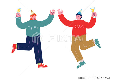飲み物を持ち、祝日を祝うパーティーを一緒に楽しむ陽気な友人達。笑顔でダンスを踊る幸せな人々。漫画のキ 飲み物を持ち、祝日を祝うパーティーを一緒に楽しむ陽気な友人達。笑顔でダンスを踊る幸せな人々。漫画のキ 118268698