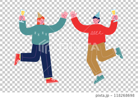 飲み物を持ち、祝日を祝うパーティーを一緒に楽しむ陽気な友人達。笑顔でダンスを踊る幸せな人々。漫画のキ 飲み物を持ち、祝日を祝うパーティーを一緒に楽しむ陽気な友人達。笑顔でダンスを踊る幸せな人々。漫画のキ 118268698