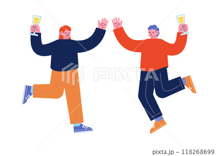 飲み物を持ち、祝日を祝うパーティーを一緒に楽しむ陽気な友人達。笑顔でダンスを踊る幸せな人々。漫画のキ 飲み物を持ち、祝日を祝うパーティーを一緒に楽しむ陽気な友人達。笑顔でダンスを踊る幸せな人々。漫画のキ 118268699