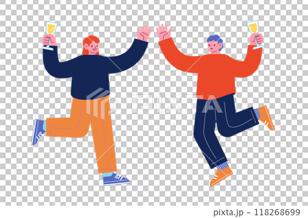 飲み物を持ち、祝日を祝うパーティーを一緒に楽しむ陽気な友人達。笑顔でダンスを踊る幸せな人々。漫画のキ 飲み物を持ち、祝日を祝うパーティーを一緒に楽しむ陽気な友人達。笑顔でダンスを踊る幸せな人々。漫画のキ 118268699