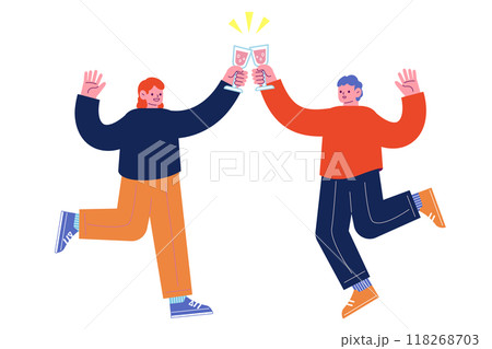 飲み物を持ち乾杯をする若者たち。祝日を祝うパーティーを一緒に楽しむ陽気な友人達。漫画のキャラクターベ 118268703