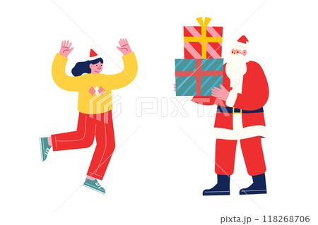 クリスマスプレゼントを持って来たサンタクロースを歓迎する女の子。漫画のキャラクターベクターイラスト 118268706