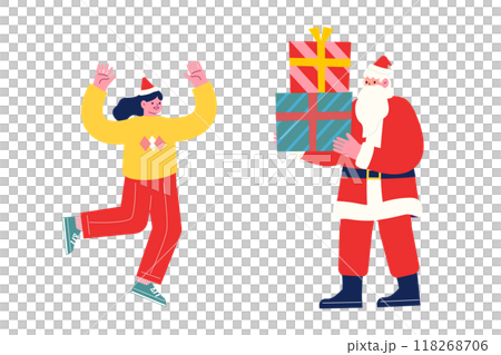 クリスマスプレゼントを持って来たサンタクロースを歓迎する女の子。漫画のキャラクターベクターイラスト 118268706