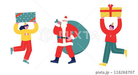 プレゼントを持って来たサンタクロースを歓迎する若者たち。クリスマスを祝うパーティーを一緒に楽しむ陽気 118268707