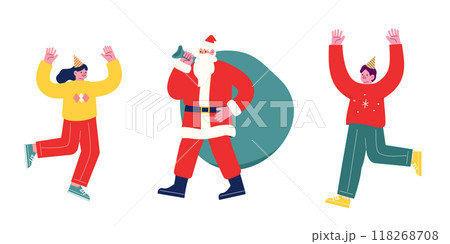 プレゼントを持って来たサンタクロースを歓迎する若者たち。クリスマスを祝うパーティーを一緒に楽しむ陽気 118268708