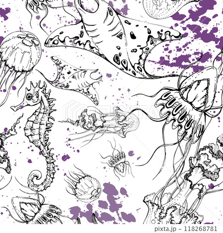 Marine life, sea ocean underwater creatures fish, shells algae seaweed, Ink and pen sketch hand drawn. Seamless pattern illustration, stylized, isolated on white. Zoo shop, aquarium, cosmetics, resort Marine life, sea ocean underwater creatures fish, shells algae seaweed, Ink and pen sketch hand drawn. Seamless pattern illustration, stylized, isolated on white. Zoo shop, aquarium, cosmetics, resort 118268781