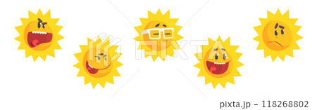 Funny Sun Character with Rays and Face Emotion Vector Set 118268802