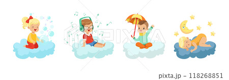 Smiling Kids Sitting on Soft Cloud and Doing Different Things Vector Illustration Set 118268851