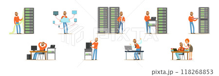 Young Man Sysadmin Character Working on Computer Doing Technical Work with Server Vector Set Young Man Sysadmin Character Working on Computer Doing Technical Work with Server Vector Set 118268853