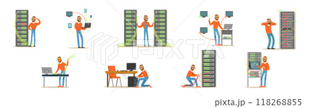 Young Man Sysadmin Character Working on Computer Doing Technical Work with Server Vector Set 118268855