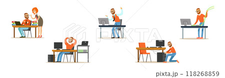 Young Man Sysadmin Character Working on Computer Doing Technical Work with Server Vector Set Young Man Sysadmin Character Working on Computer Doing Technical Work with Server Vector Set 118268859