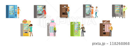 People Character at Vending Machine Buying Snacks Vector Set People Character at Vending Machine Buying Snacks Vector Set 118268868