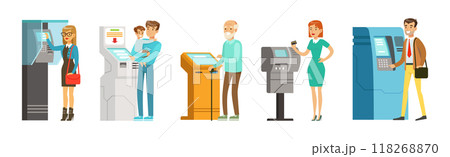 People Character Near ATM Machine Perform Operation Vector Set 118268870