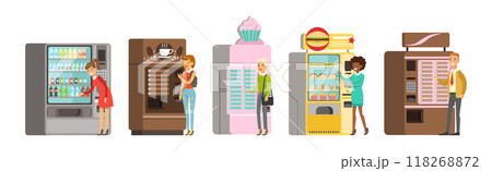 People Character at Vending Machine Buying Snacks Vector Set People Character at Vending Machine Buying Snacks Vector Set 118268872