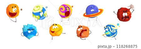 Fantastic Round Comic Planet Character with Arm and Legs Vector Set 118268875
