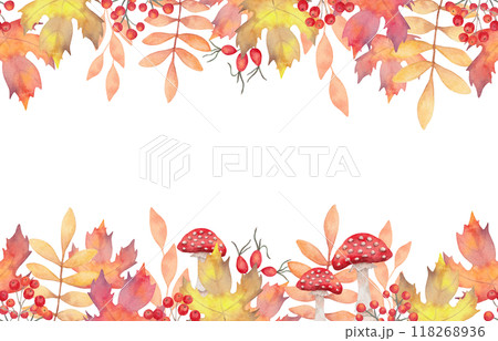 Autumn banner with rowan berries, rose hips and mushrooms with maple leaves. Watercolor illustration. Hand drawn isolated botanical frame. Horizontal border for Thanksgiving, Halloween quotes. 118268936