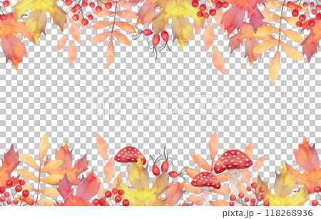 Autumn banner with rowan berries, rose hips and mushrooms with maple leaves. Watercolor illustration. Hand drawn isolated botanical frame. Horizontal border for Thanksgiving, Halloween quotes. 118268936