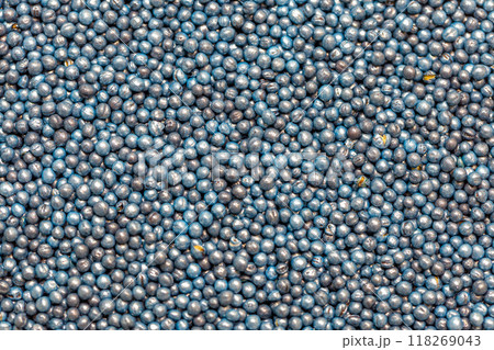 Macro. Processed blue-coated rapeseed seeds in a petri dish in the lab Macro. Processed blue-coated rapeseed seeds in a petri dish in the lab 118269043