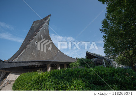 August 4, 2023. St Joan of Arc's Catholic Church, Rouen, France. Huge stained glass windows in the August 4, 2023. St Joan of Arc's Catholic Church, Rouen, France. Huge stained glass windows in the 118269071