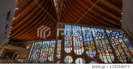 August 4, 2023. St Joan of Arc's Catholic Church, Rouen, France. Huge stained glass windows in the 118269073