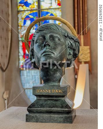August 4, 2023. St Joan of Arc's Catholic Church, Rouen, France. Huge stained glass windows in the August 4, 2023. St Joan of Arc's Catholic Church, Rouen, France. Huge stained glass windows in the 118269092