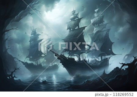 Cursed ghost ships, forever sailing the seas with ghostly crews seeking redemption - Generative AI 118269552