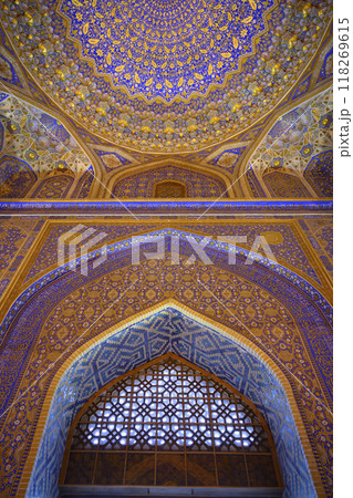 An inside view of the Tillya-Kori Registan madrasah of the 15th century in Samarkand, Uzbekistan An inside view of the Tillya-Kori Registan madrasah of the 15th century in Samarkand, Uzbekistan 118269615