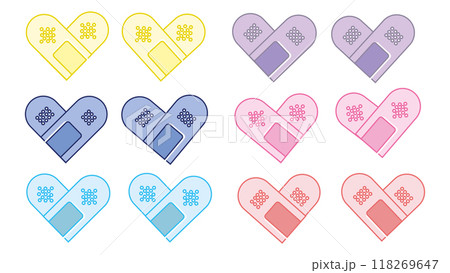 Plaster set of colorful collection with patches of different colors in the shape of hearts, adhesive bandage set of heart shape, creative adhesive plaster elastic medical plaster in different colors 118269647