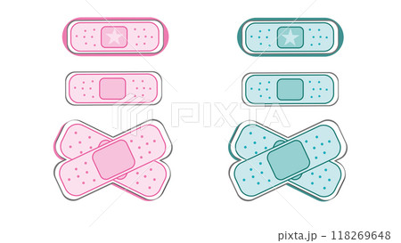 Medical bandages, blister bandage and pad, antiseptic flexible dressing for protection of wounds, set of pink and turquoise cute plasters for fixing primary dressings 118269648