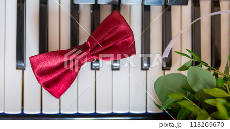 Red Satin Bow Tie Resting on Black and White Piano Keys in a Stylish Setting. Red Satin Bow Tie Resting on Black and White Piano Keys in a Stylish Setting. 118269670