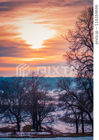 Sunset Over Snowy Landscape With Bare Trees in Winter Scenery. Sunset Over Snowy Landscape With Bare Trees in Winter Scenery. 118269686