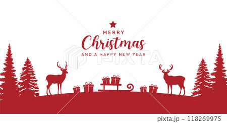 christmas greeting card with deer and gifts in winter landscape vector illustration 118269975